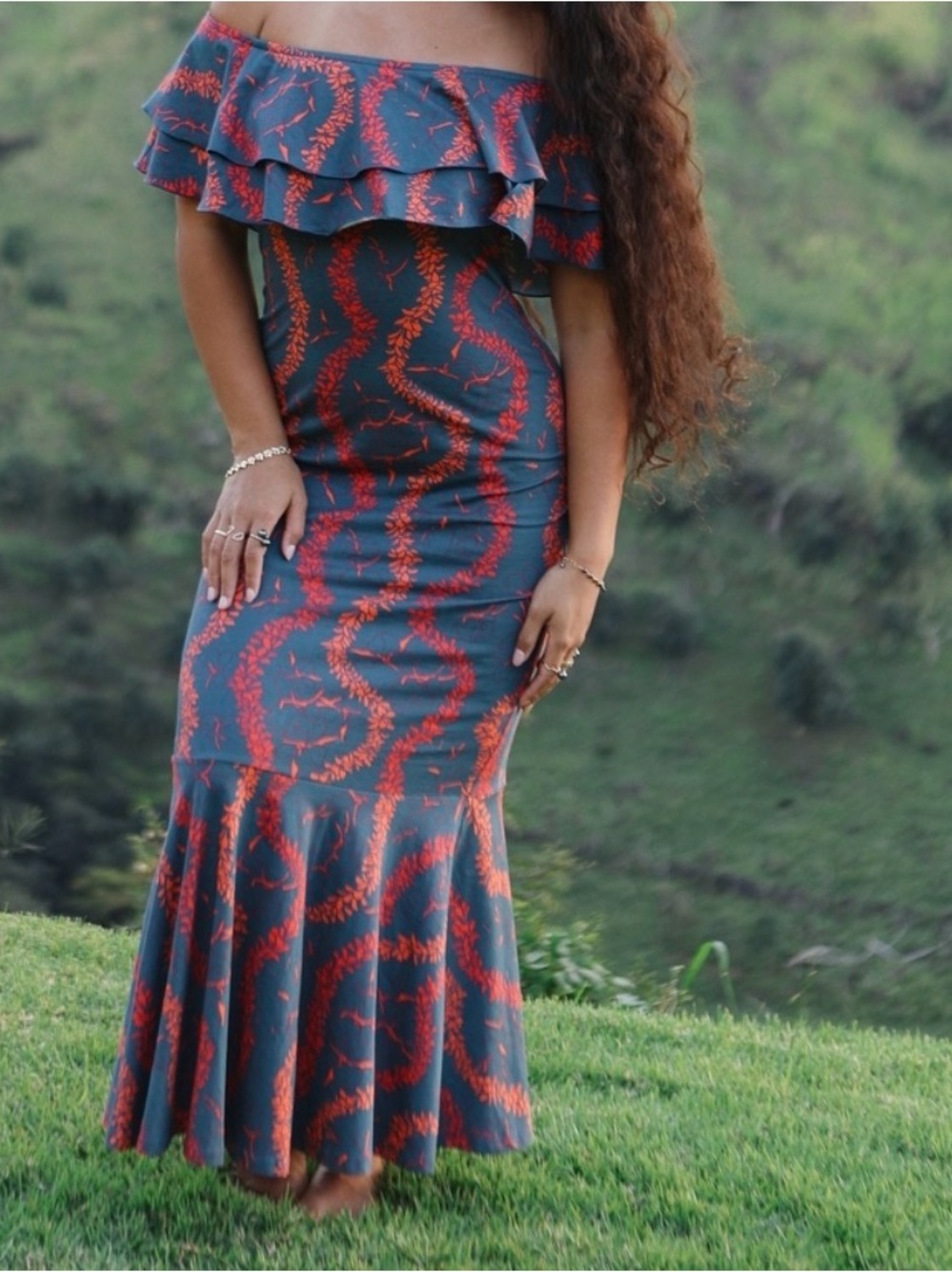 Ruffle-Trim Maxi Dress in Gray with Coral Print